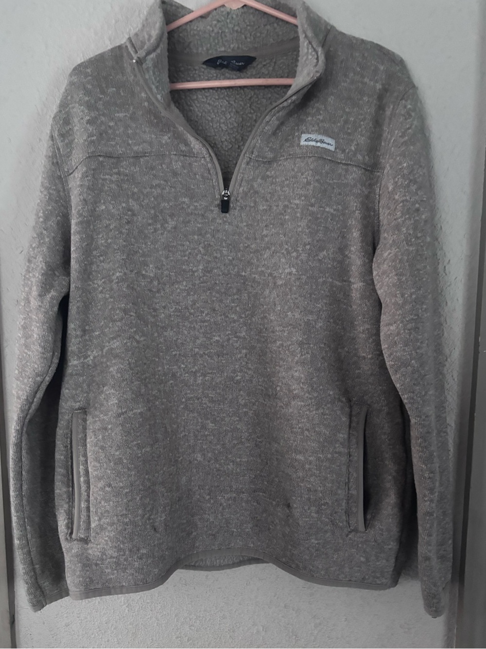 Eddie Bauer Gray Quarter-Zip Sherpa Fleece Pullover EUC Unisex Size LG 2 Pockets